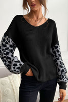 Perfee Leopard Sleeve Dropped Shoulder Sweater