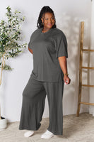 Double Take Full Size Round Neck Slit Top and Pants Set