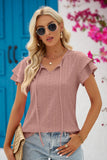 Eyelet Tie-Neck Flutter Sleeve Blouse